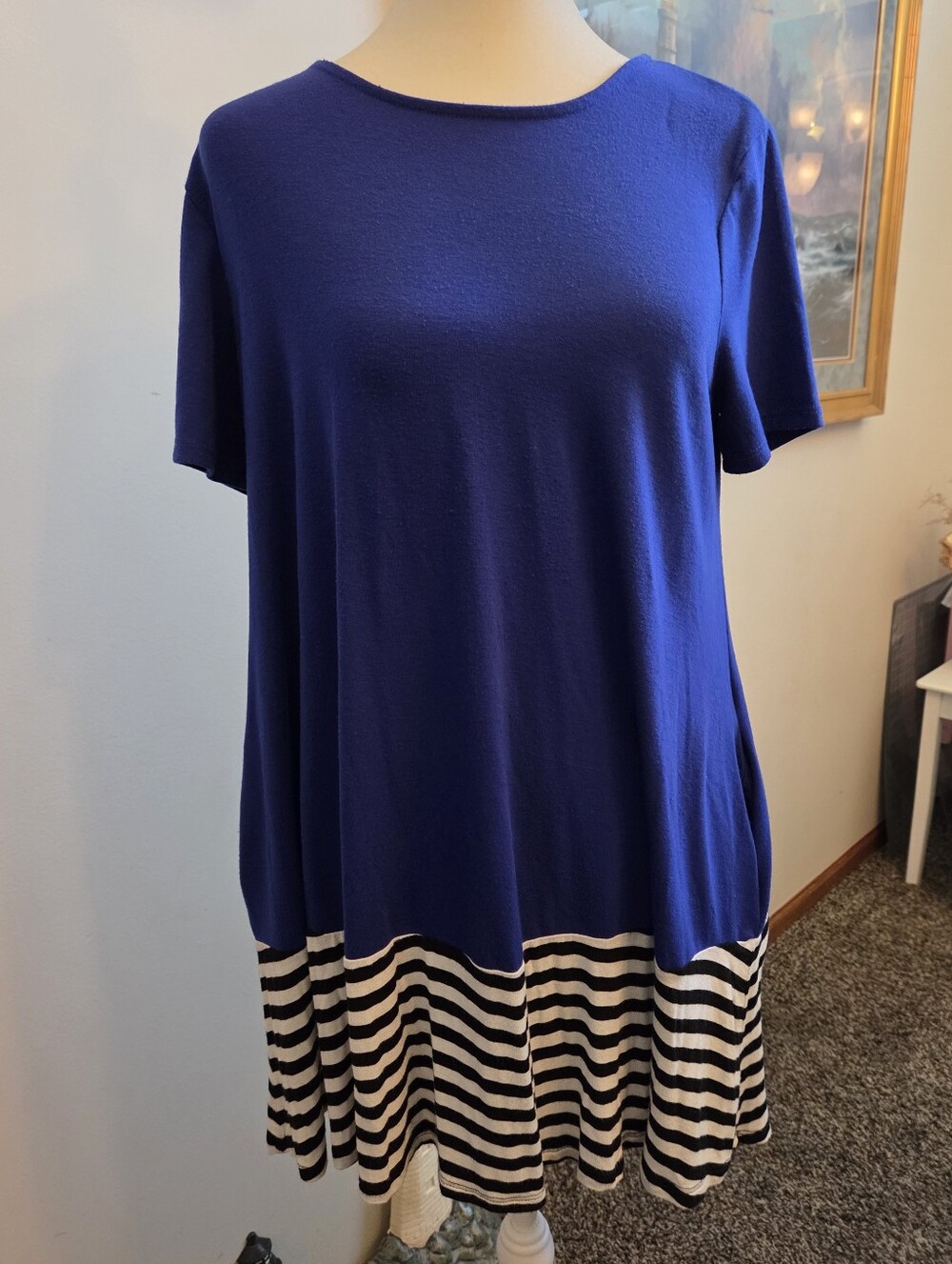 Zenana Outfitters Royal Blue Short-Sleeve Tunic with Black and White Striped Hem